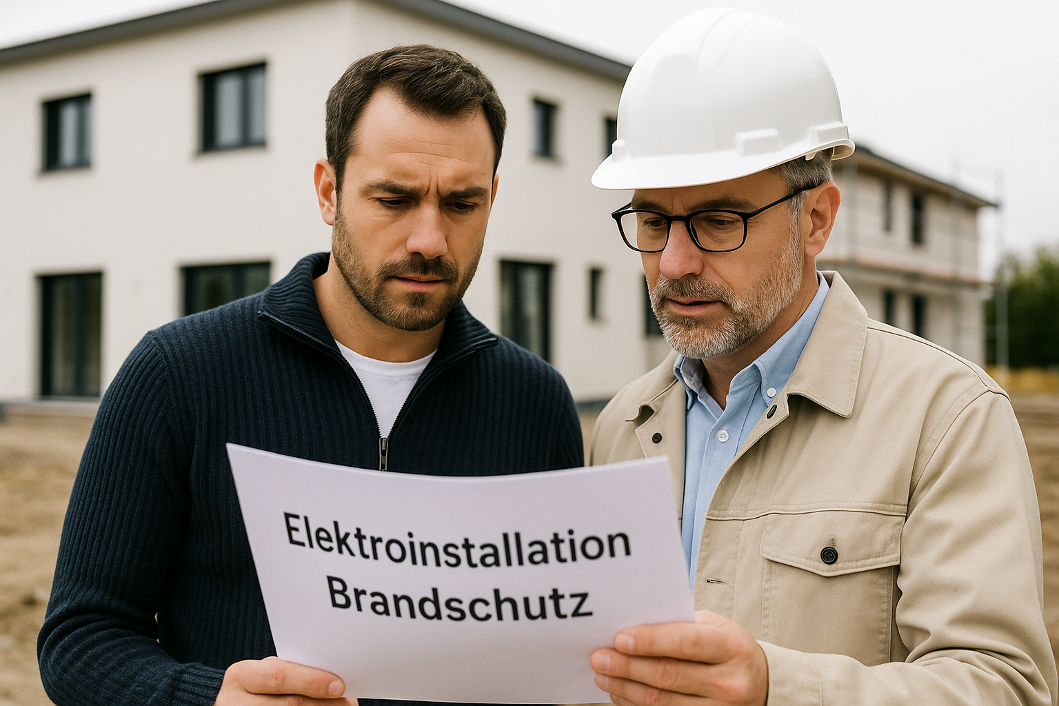 Bauherr bespricht mit dem Bauleiter die Elektroinstallation und den Brandschutz des Neubaus